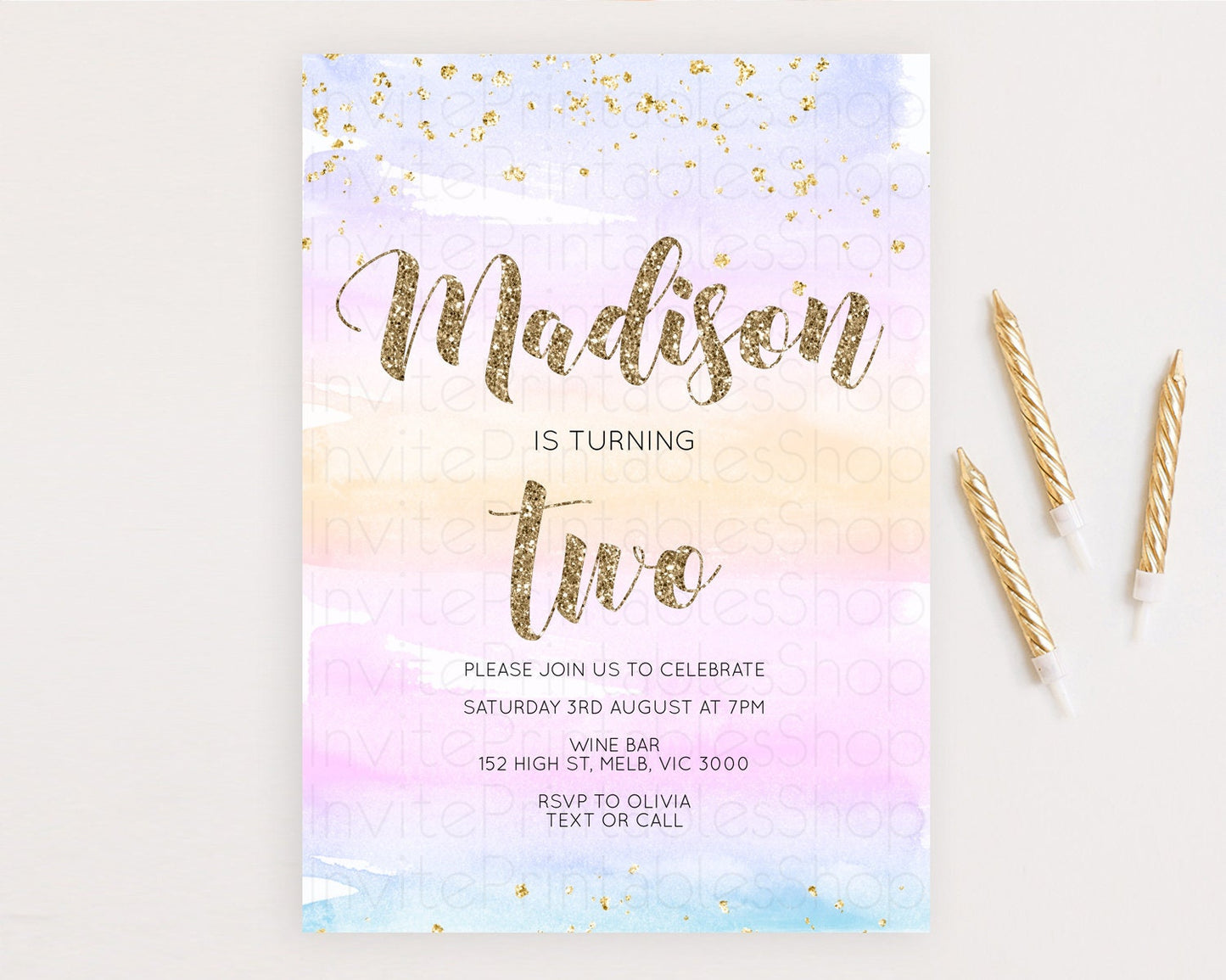 Rainbow Birthday Invitation Colorful Pastel Watercolor Invitation Gold Glitter Sprinkles Ombre Pastel 1st 2nd 3rd Birthday D10595