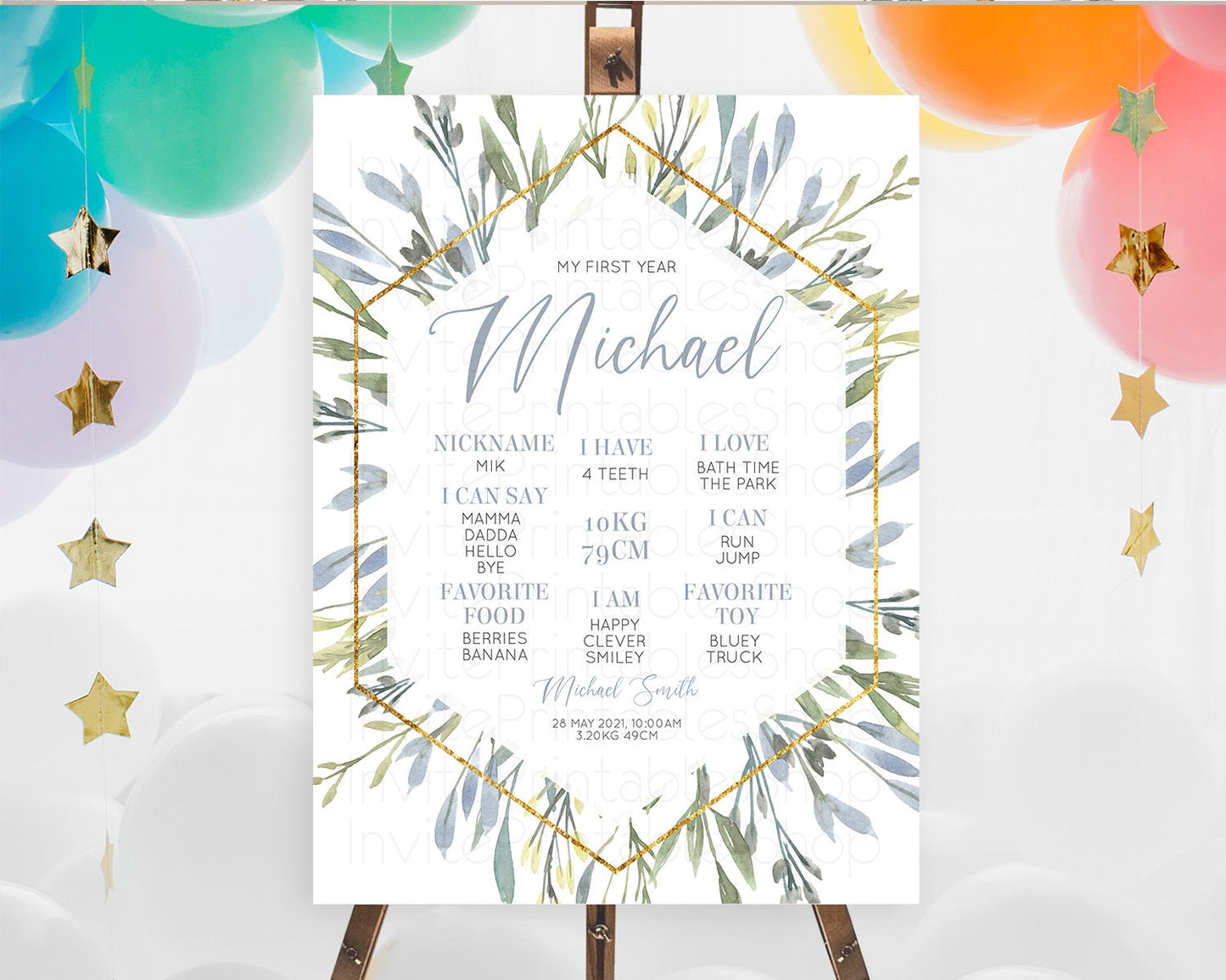 Leafy First Birthday Milestone Board Green Leaf Milestone Poster Greenery Eucalyptus Fern Spray Leaves Watercolor 1st Birthday Sign D10532