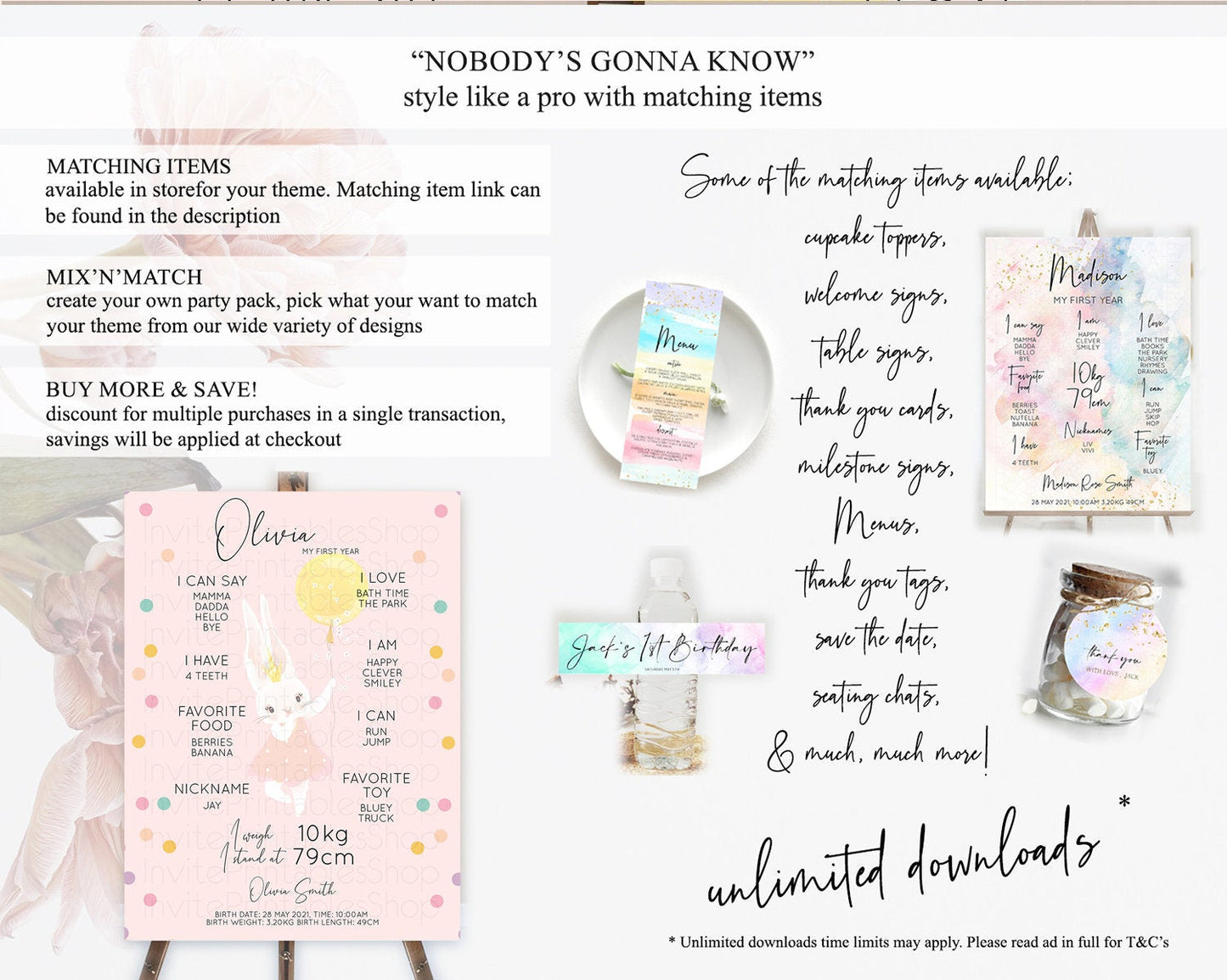 Bunny First Birthday Milestone Board Bunny Balloon Milestone Poster Colorful Pastel Confetti Bunny First Birthday Welcome Sign D10219