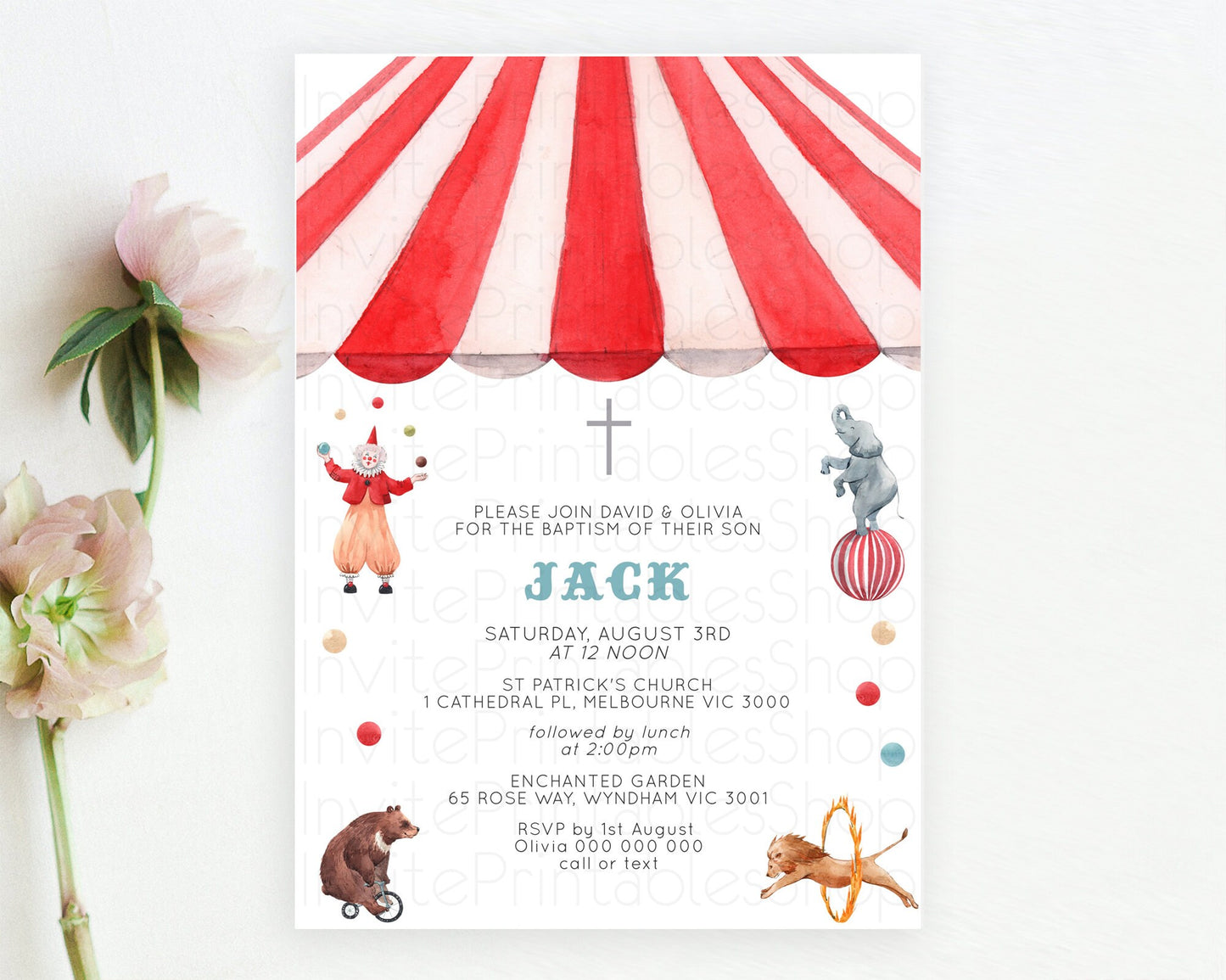 Circus Baptism Invitation Carnival Baptism 1st Birthday Invitation Clown Circus Lion Christening Invitation Circus Tent Elephant D10533