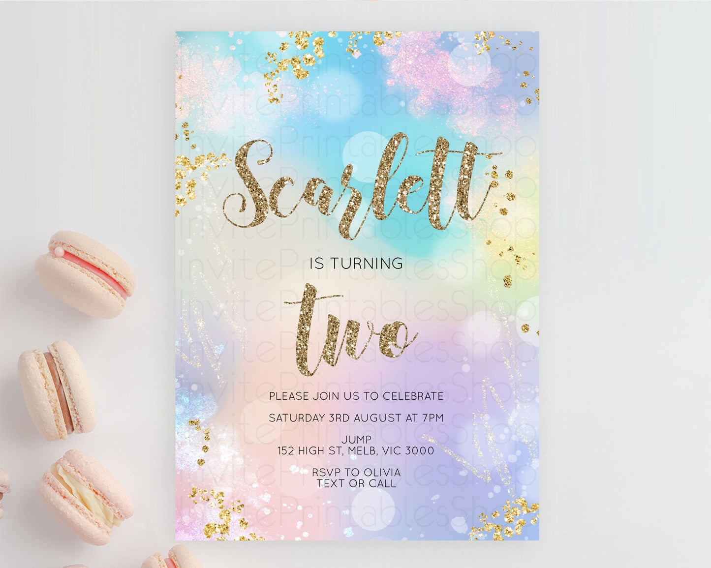Rainbow Birthday Invitation Colorful Pastel Watercolor Invitation Gold Glitter Sprinkles Ombre Pastel 1st 2nd 3rd Birthday D10677