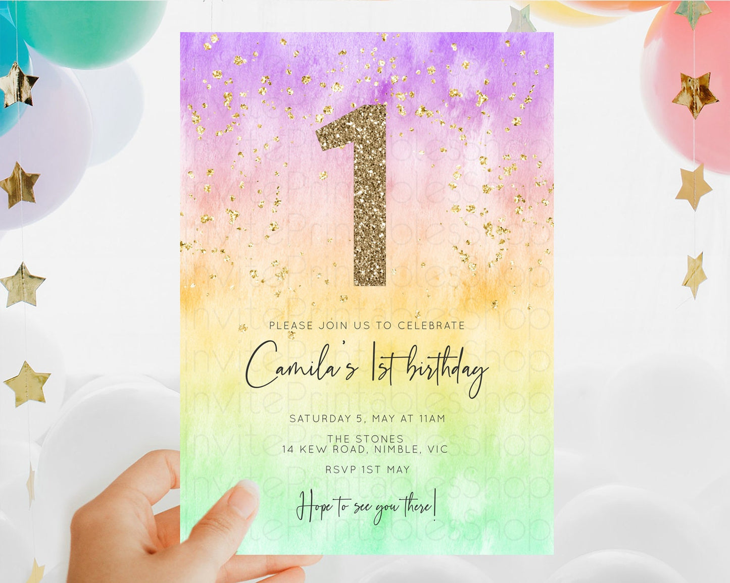 Editable Rainbow Birthday Invitation Colorful Pastel Watercolor Invitation G
