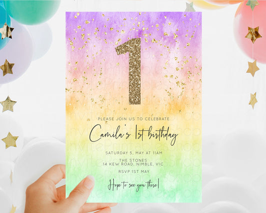Editable Rainbow Birthday Invitation Colorful Pastel Watercolor Invitation G