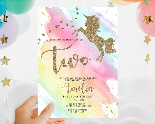 Unicorn Rainbow Birthday Invitation Pastel Birthday Invite Magical Ombre Invite Colorful Watercolor Invite Glitter Sprinkle Party D10498