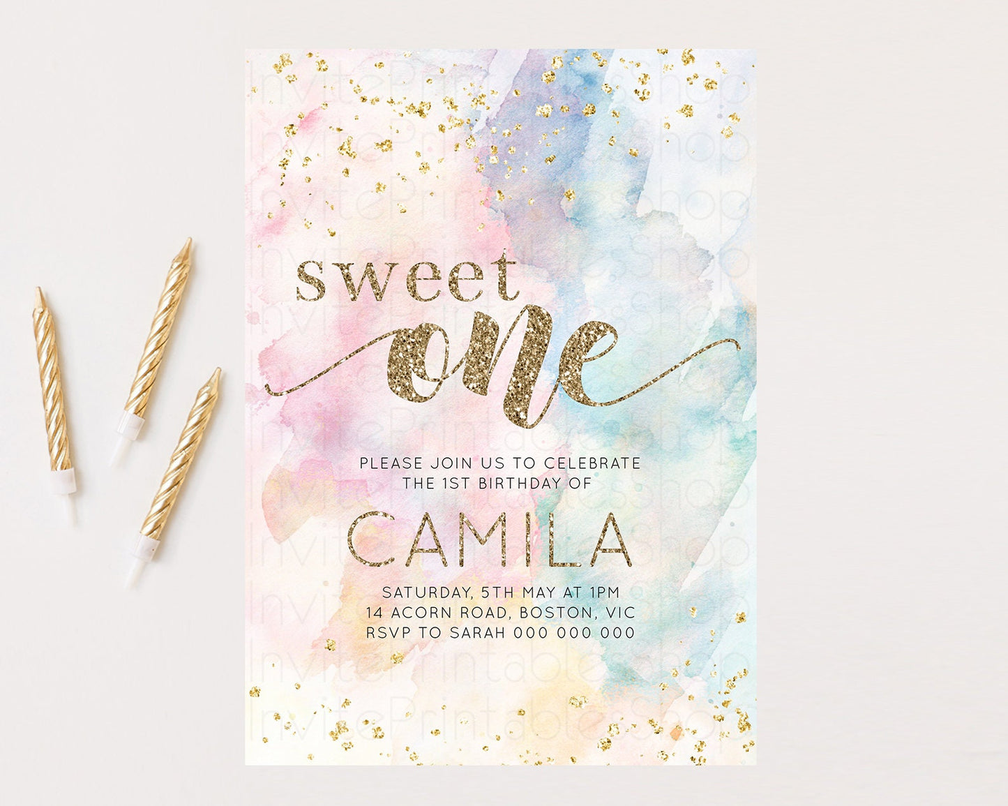 Rainbow Birthday Invitation Glitter Pastel Invitation Colorful Watercolor Gold Foil Splatter Sprinkle Ombre 1st 2nd 3rd Sweet One Invite 276