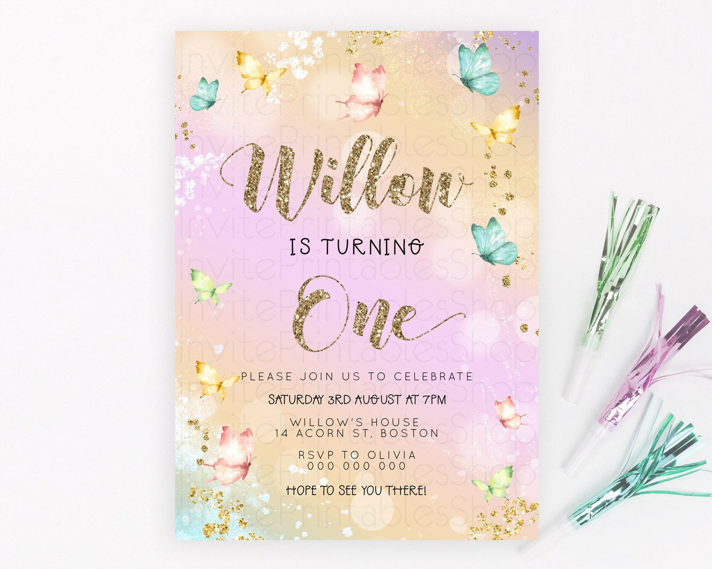 Pastel Butterfly Birthday Invitation Butterfly Birthday Invitation Colorful Splash Glitter Butterfly Garden 1st 2nd Birthday D23086