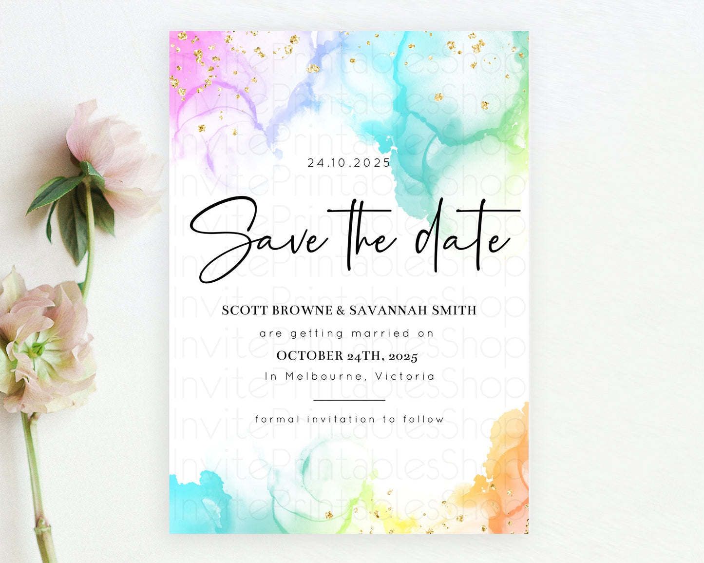 Editable Pastel Save The Date Template Pastel Ombre Rainbow Watercolor Color
