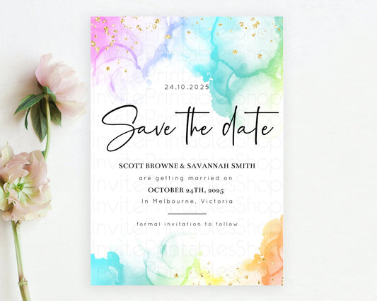 Editable Pastel Save The Date Template Pastel Ombre Rainbow Watercolor Color
