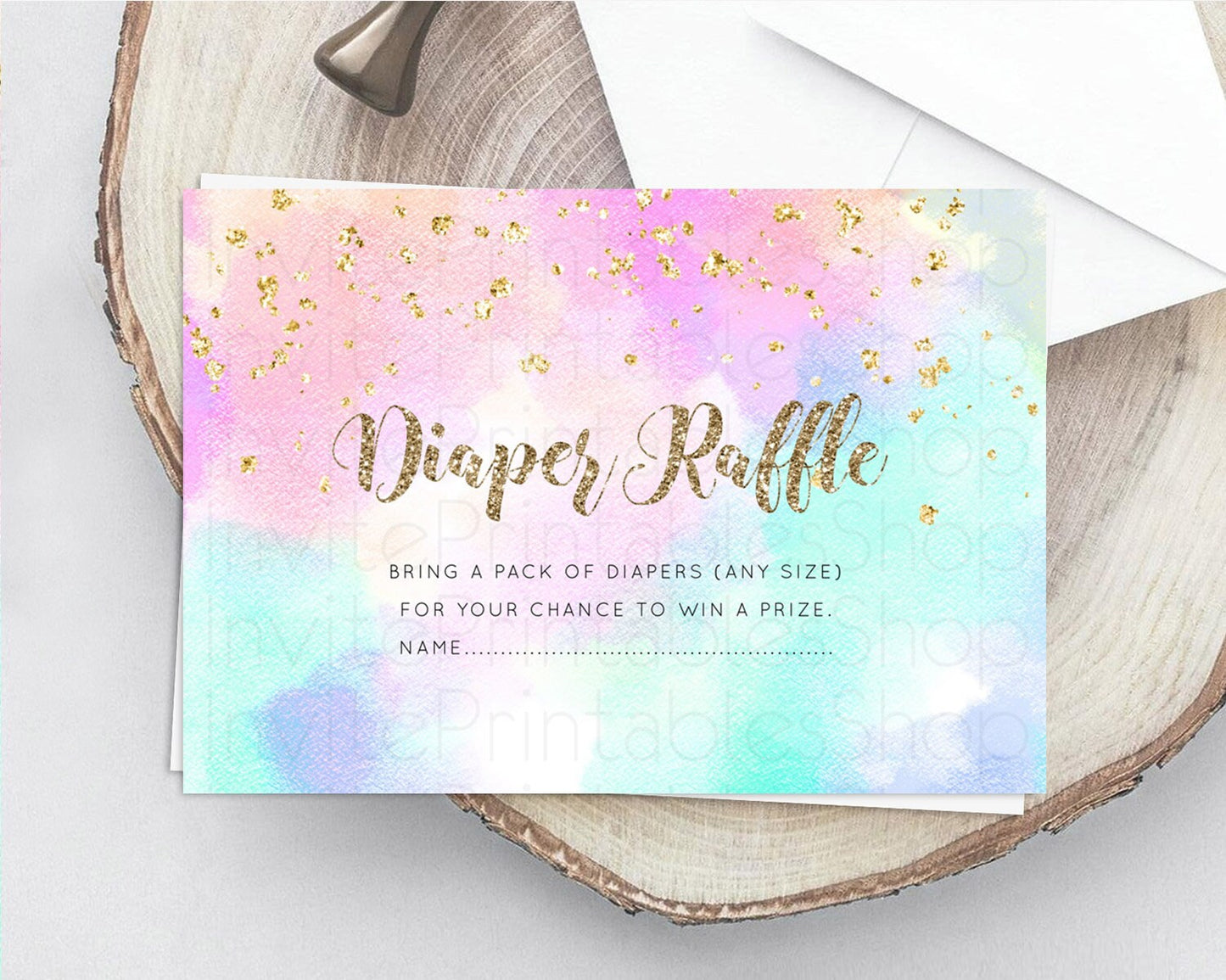 Pastel Diaper Raffle Card Pastel Rainbow Diaper Raffle Insert Colorful Ombre Watercolor Diaper Ticket Confetti Glitter Raffle Game D10669