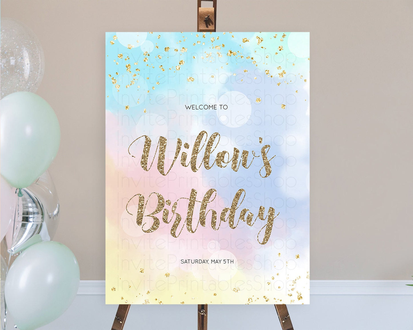 Pastel Welcome Sign Pastel Rainbow Welcome Sign Colorful Rainbow Confetti Watercolor Glitter Pastel First Birthday Welcome Sign D10367