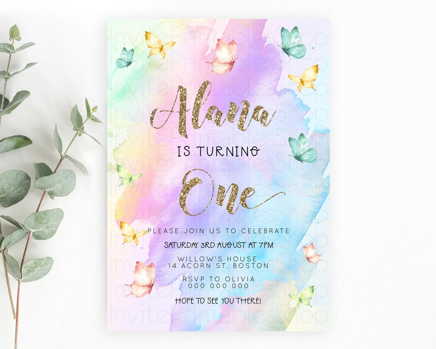 Pastel Butterfly Birthday Invitation Butterfly Birthday Invitation Colorful Splash Glitter Butterfly Garden 1st 2nd Birthday D23248