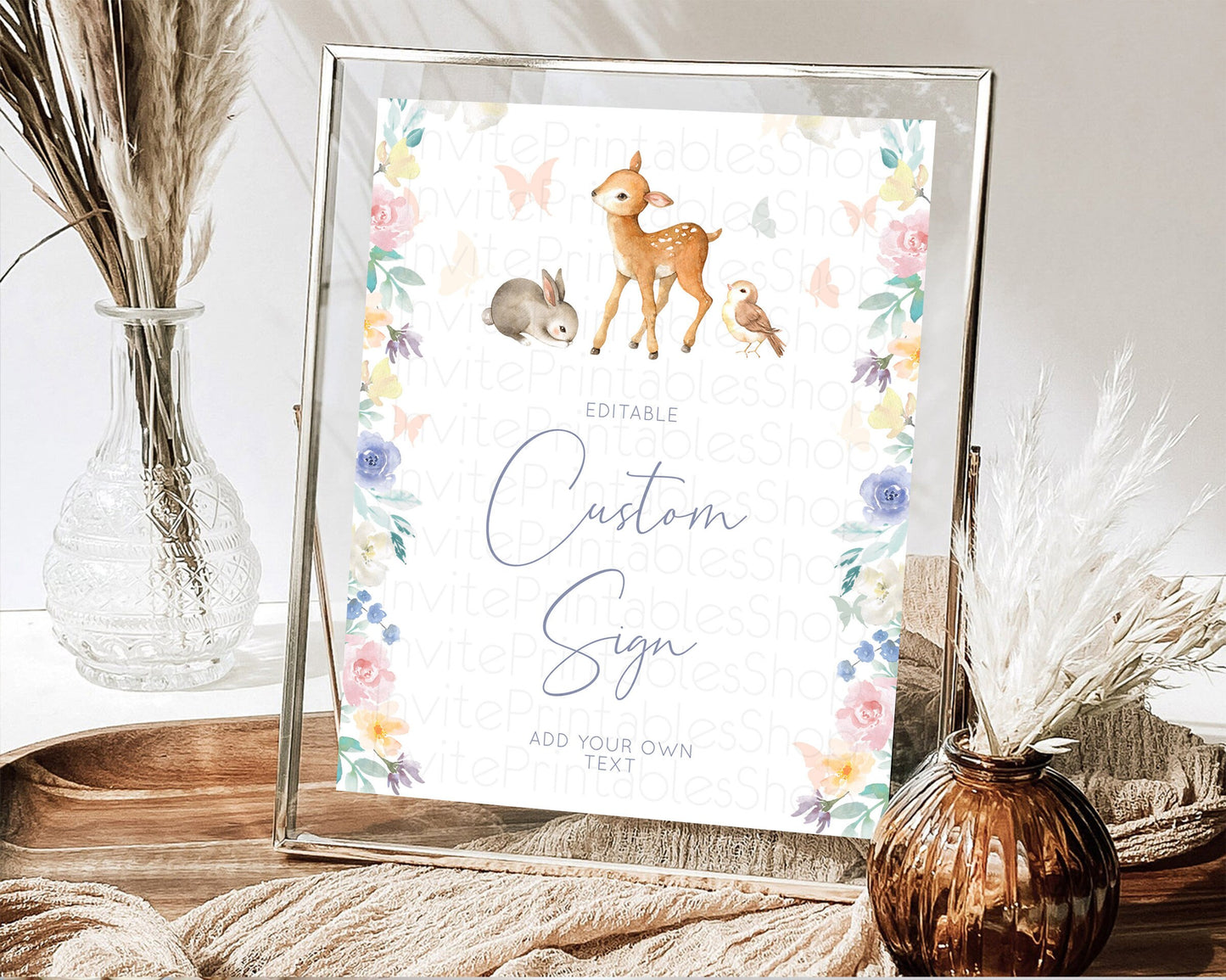 Fawn Deer Sign Pastel Floral Deer Table Sign Decor  Enchanted Forest Butterfly Party 1st Birthday Baptism Baby Shower Bridal Shower D10930