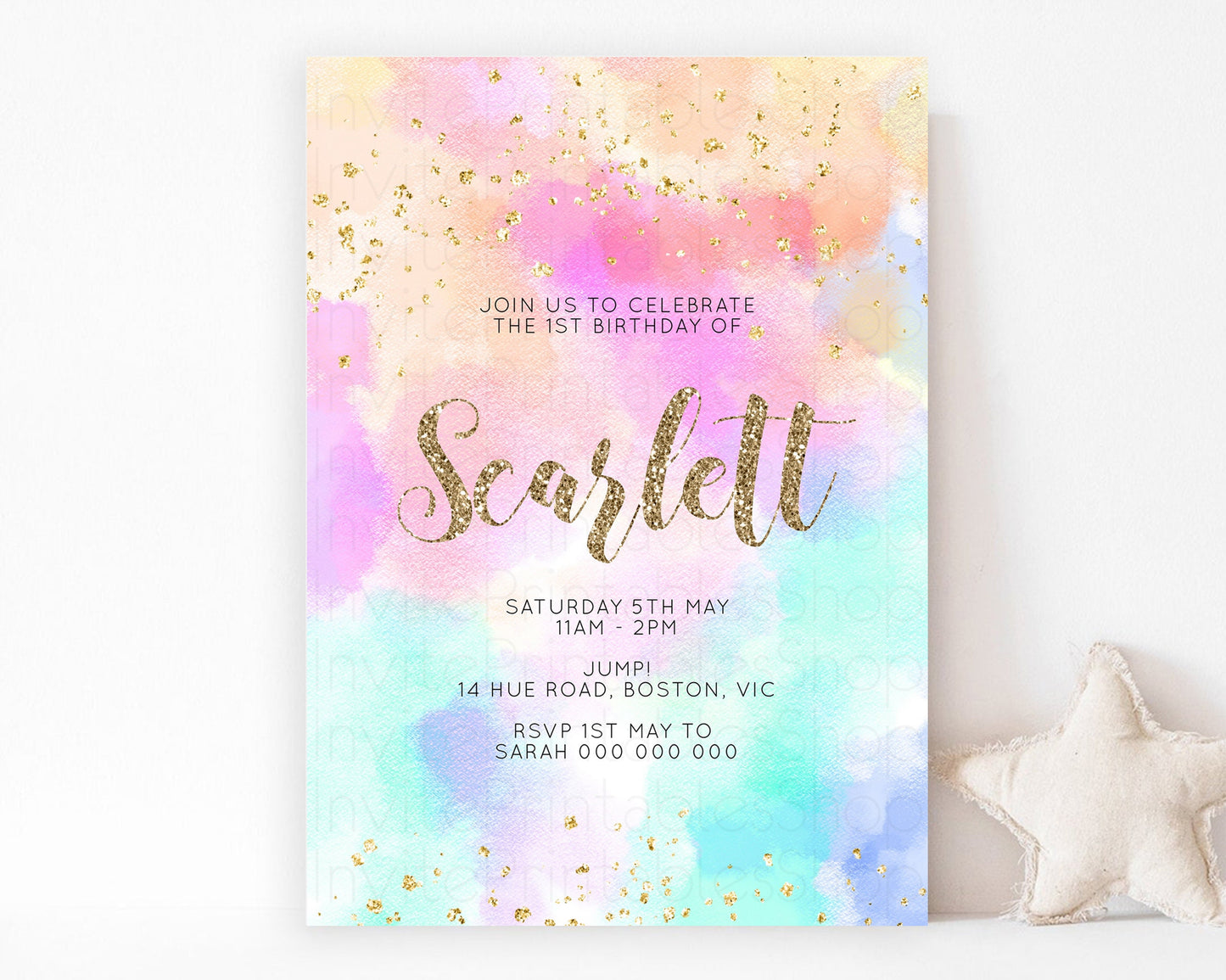 Rainbow Birthday Invitation Pastel Birthday Invite Ombre Watercolor Invite Enchanted Theme Colorful Splash Glitter Sprinkles 1st 2nd 3rd