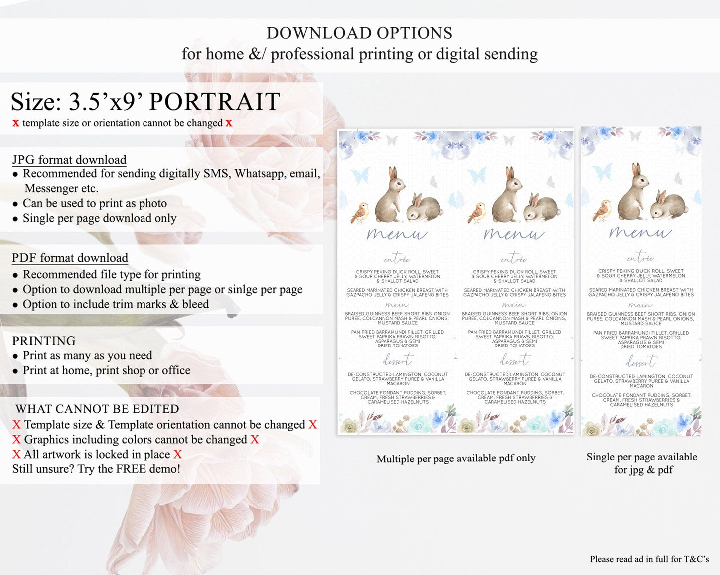 Bunny Menu Floral Bunny Menu Template Pastel Flowers Bunny Table Decor Secret Garden Bunny Dinner Dessert Menu Party Food Menu D10927