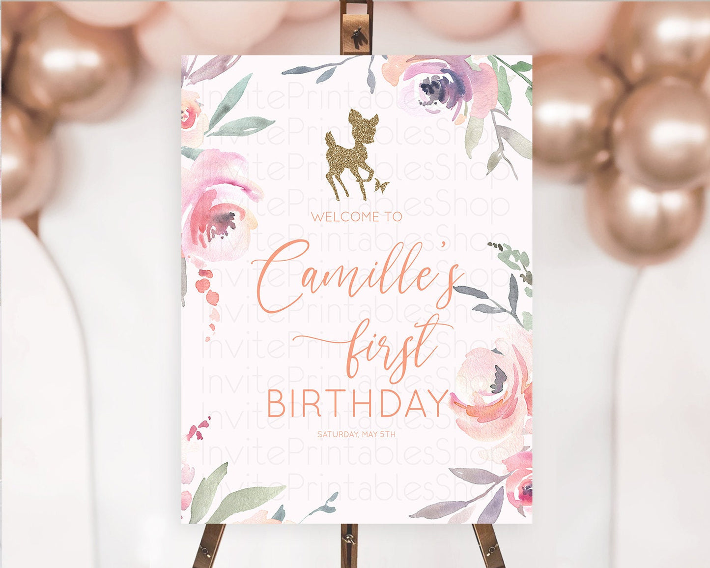 Fawn Welcome Sign Deer Welcome Board Floral Deer Welcome Poster Enchanted Forest Butterfly Pastel Floral First Birthday Welcome Sign D10196