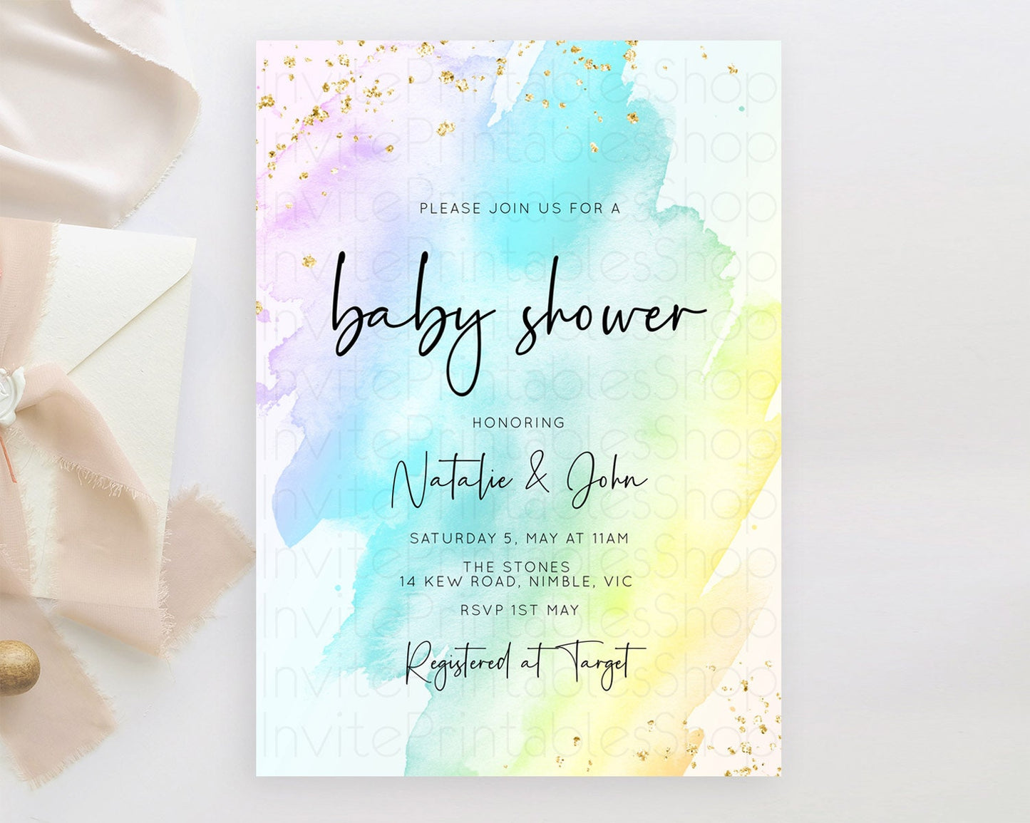Pastel Baby Shower Invitation Rainbow Baby Shower Invitation Colorful Pastel Watercolor Invitation Gold Glitter Sprinkles Ombre D10171