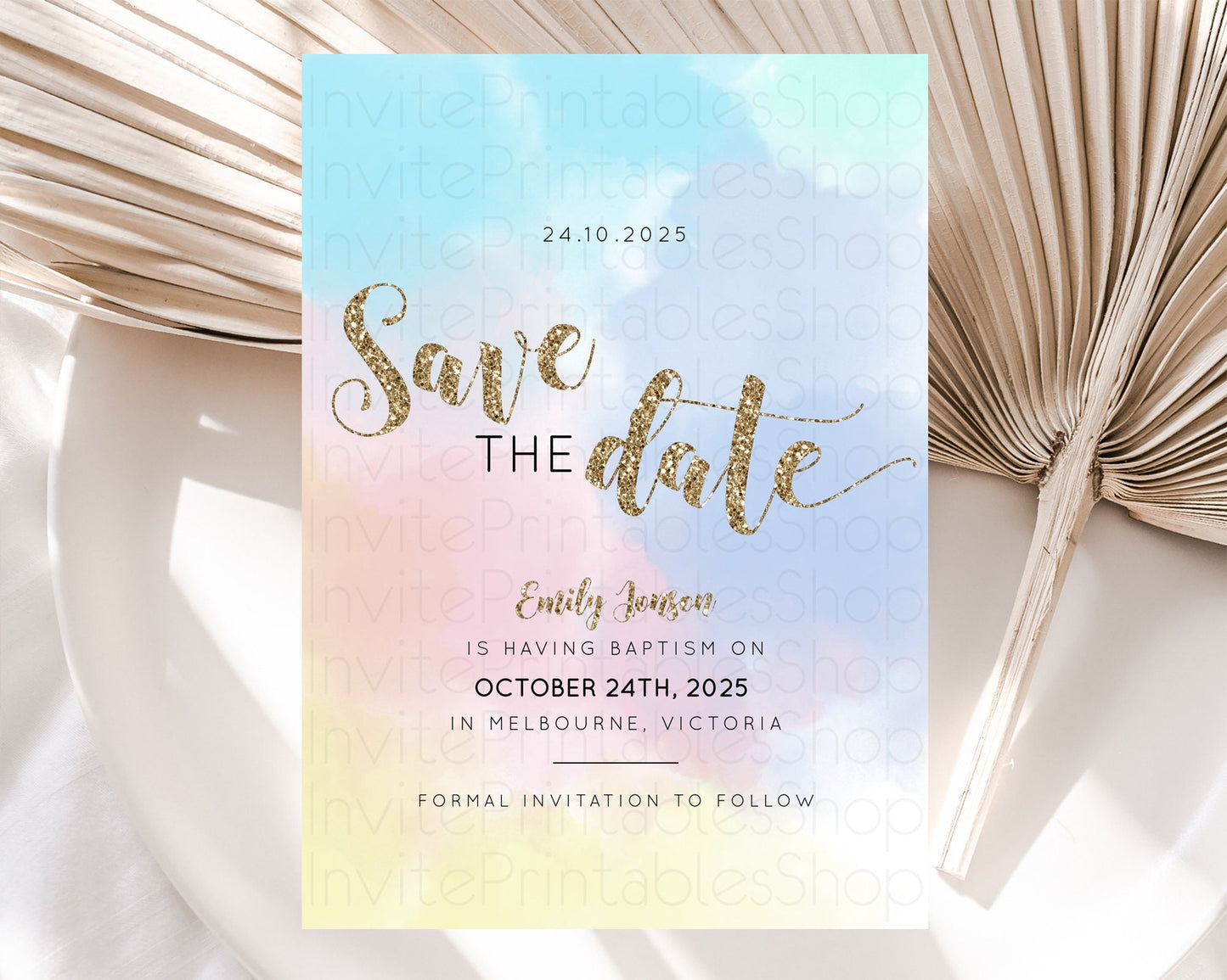 Pastel Save The Date Template Pastel Ombre Rainbow Watercolor Colorful Party For Birthday Baptism Baby Shower Wedding Bridal Shower D10378