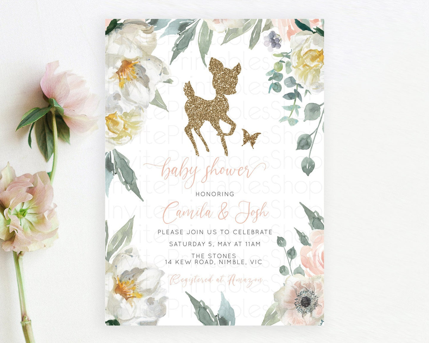 Fawn Baby Shower Invitation Deer Baby Shower Invites Enchanted Forest Theme Butterfly Pastel Flowers Whimsical Baby Shower D10120