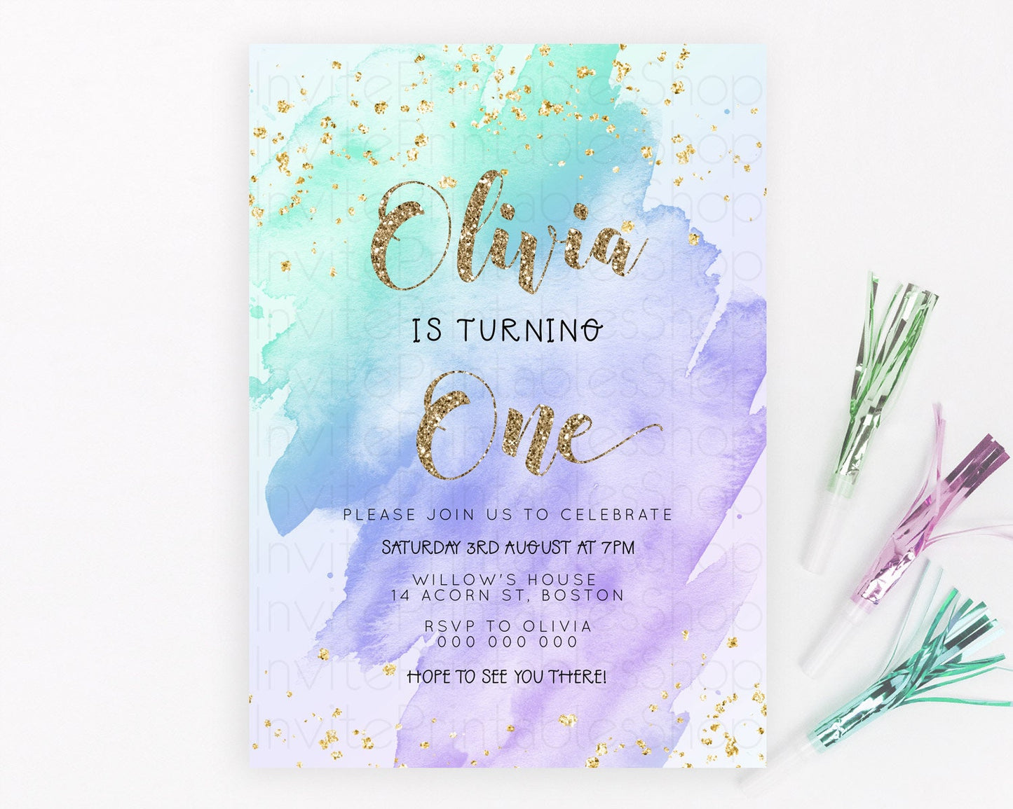 Rainbow Birthday Invitation Colorful Pastel Watercolor Invitation Gold Glitter Sprinkles Ombre Pastel 1st 2nd 3rd Birthday D23288