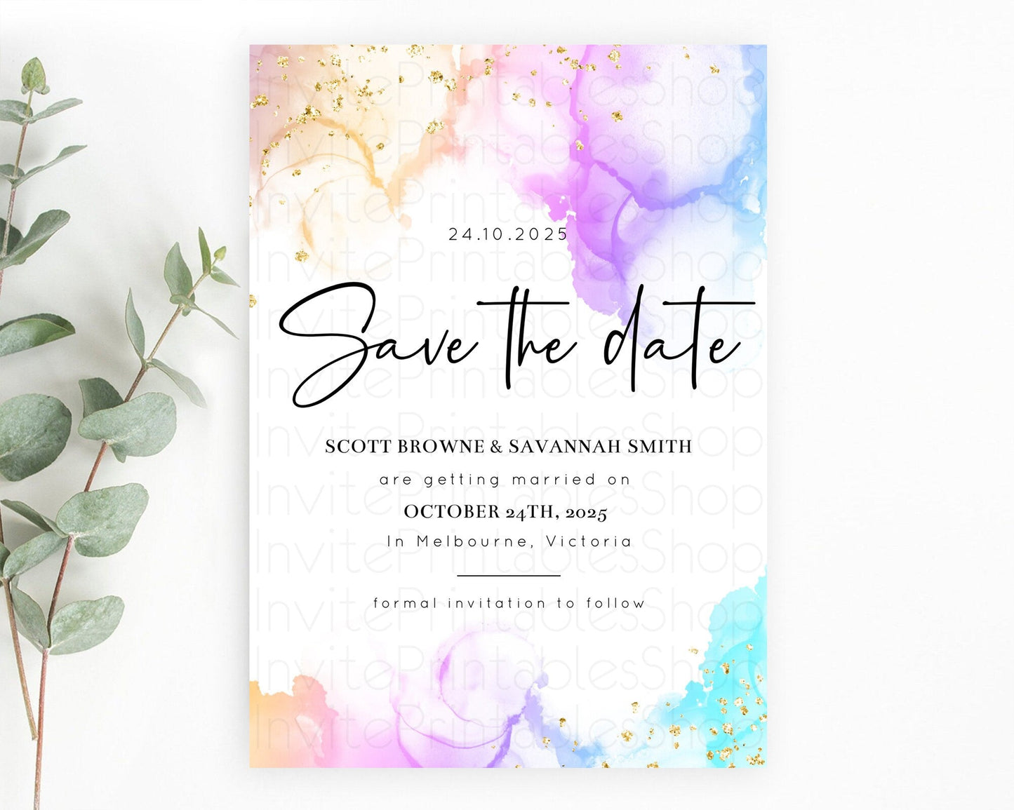 Pastel Save The Date Template Pastel Ombre Rainbow Watercolor Colorful Party For Birthday Baptism Baby Shower Wedding Bridal Shower D10180