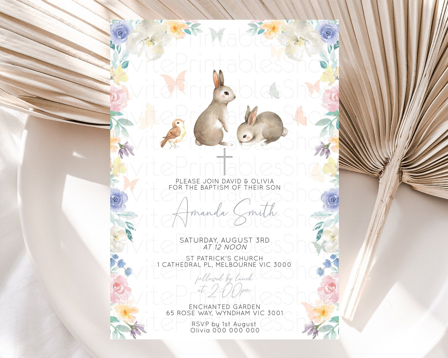 Bunny Baptism Invitation Floral Bunny Baptism 1st Birthday Invitation Pastel Bunny Christening Invite Watercolor Forest Bunny Party D10928