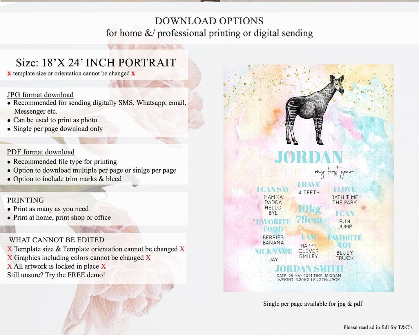 Pastel Okapi First Birthday Milestone Board Okapi Milestone Poster Colorful Rainbow Pastel Watercolor Okapi 1st Birthday Sign D10282