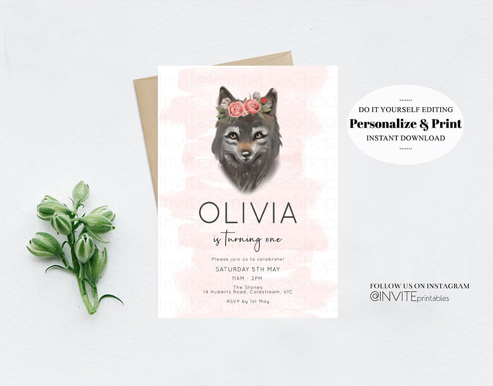 Wolf Invitation Wolf Birthday Invite Grey Baby Wolf Tribal Boho Pink Pastel Flower Crown Greenery Garden Forest Custom Invite