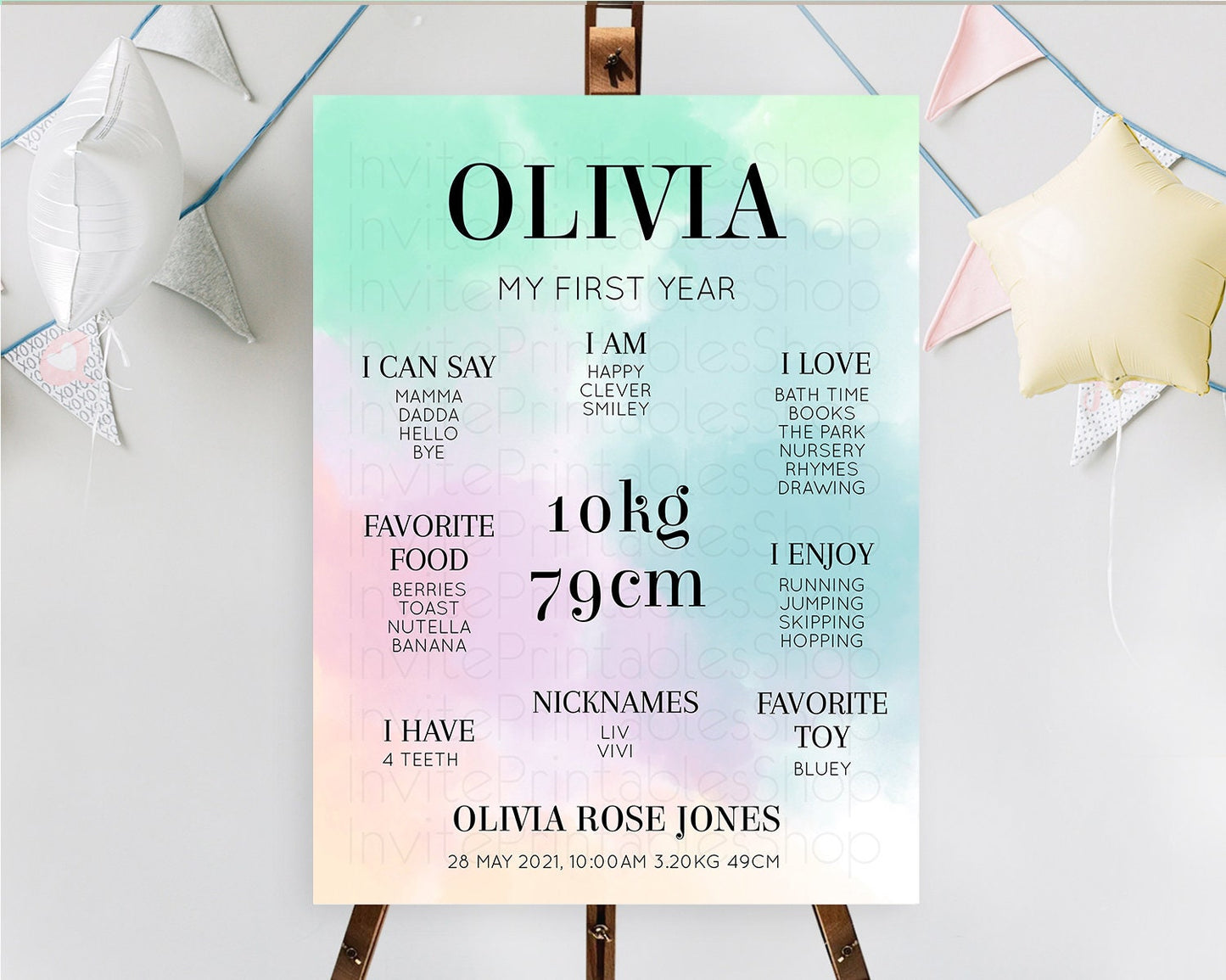 Pastel First Birthday Milestone Board Pastel Rainbow Milestone Poster Colorful Confetti Watercolor Glitter 1st Birthday Welcome Sign D10375