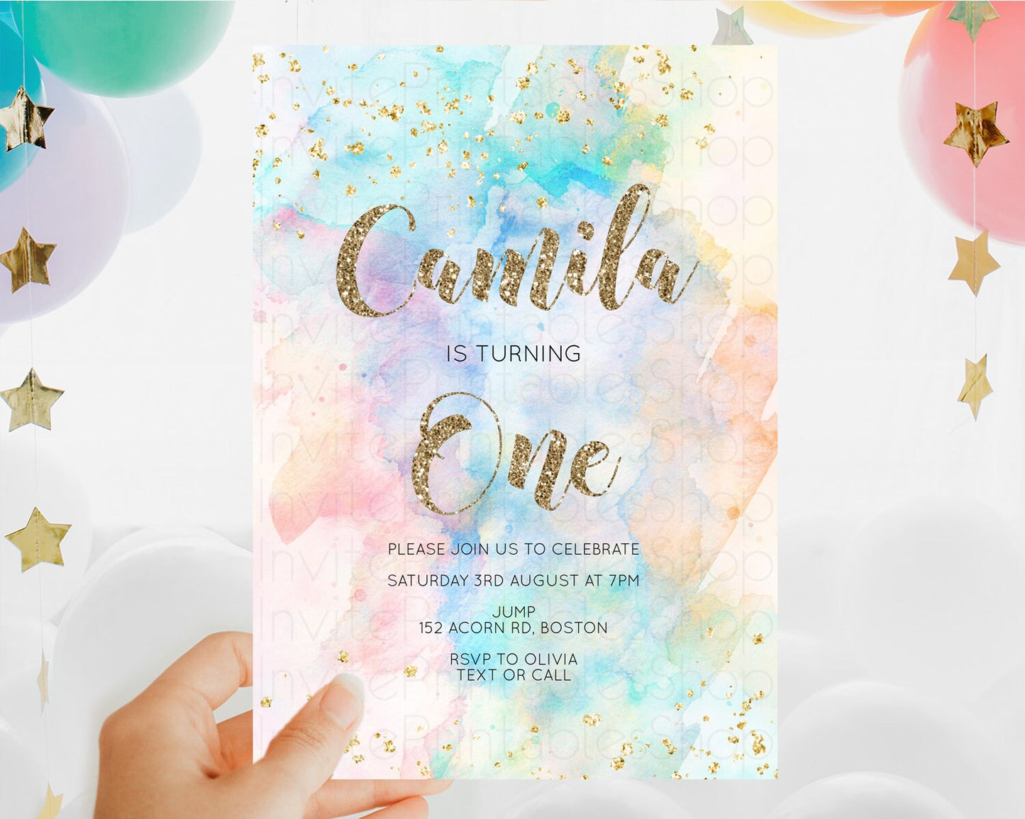 Rainbow Birthday Invitation Colorful Pastel Watercolor Invitation Gold Glitter Sprinkles Ombre Pastel 1st 2nd 3rd Birthday D10261