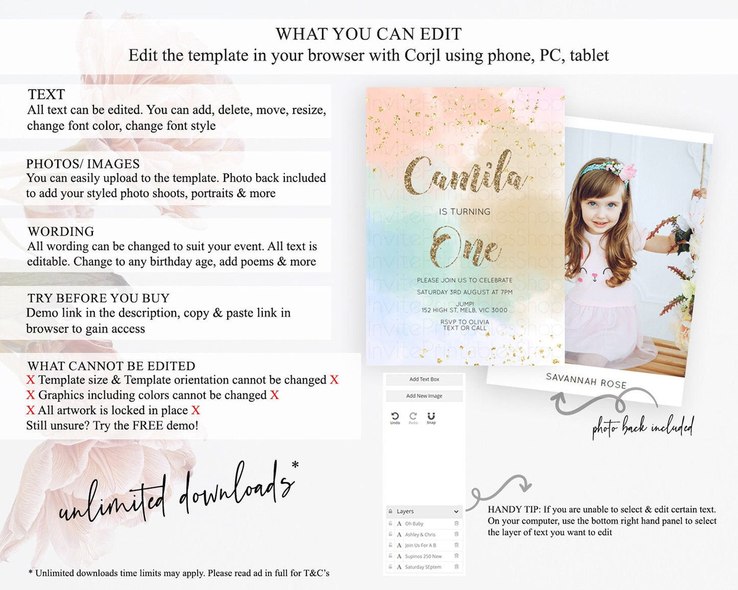 Rainbow Birthday Invitation Colorful Pastel Watercolor Invitation Gold Glitter Sprinkles Ombre Pastel 1st 2nd 3rd Birthday D10377