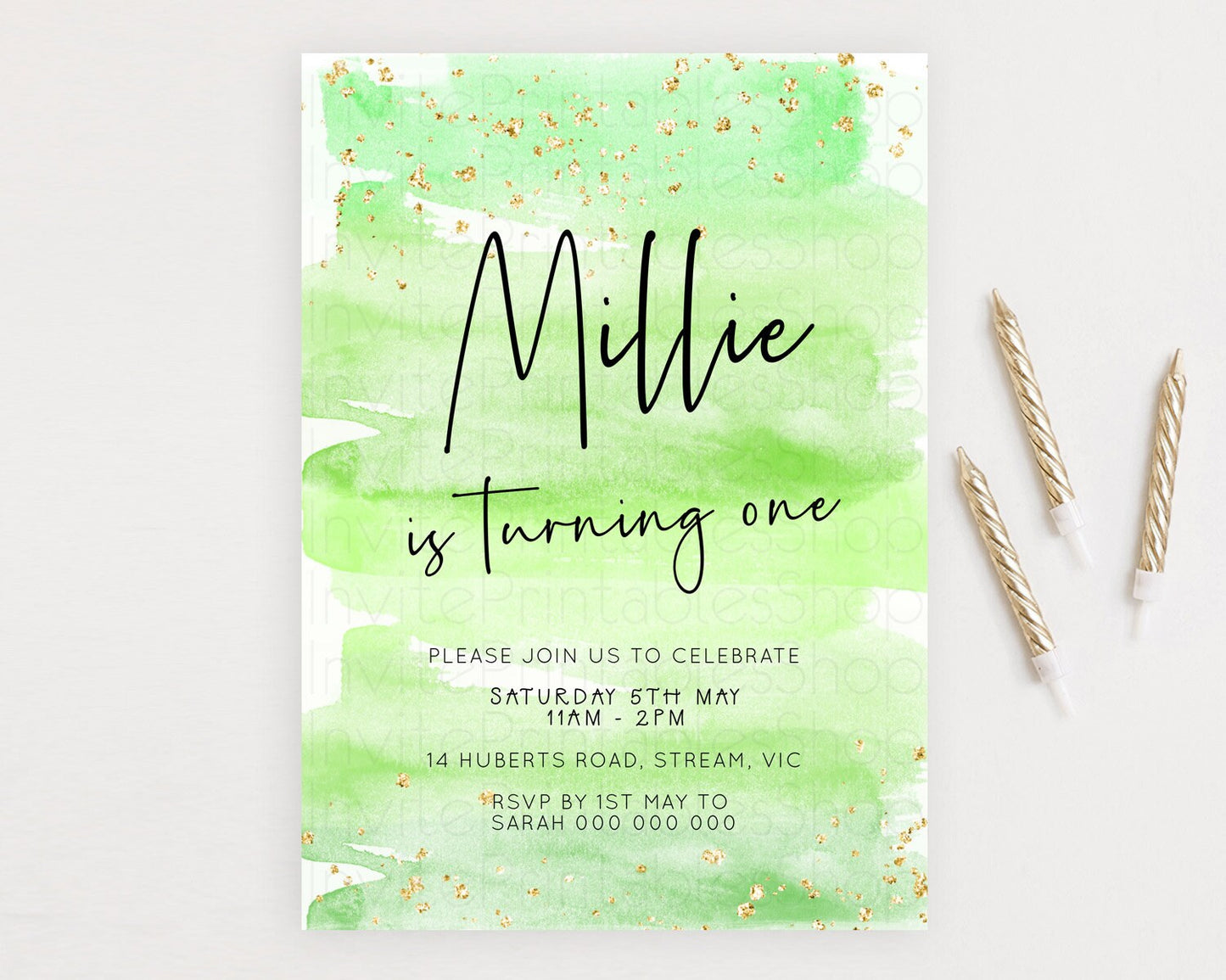 Green Birthday Invitation green Watercolor Invitation Pastel green Watercolor Invitation green Splash Gold Invitation First Birthday D23050
