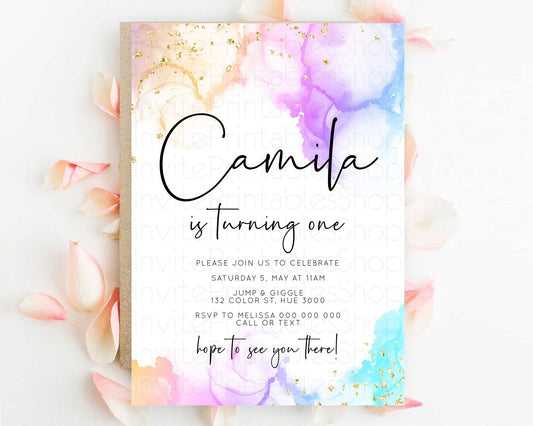 Editable Rainbow Birthday Invitation Colorful Pastel Watercolor Invitation G