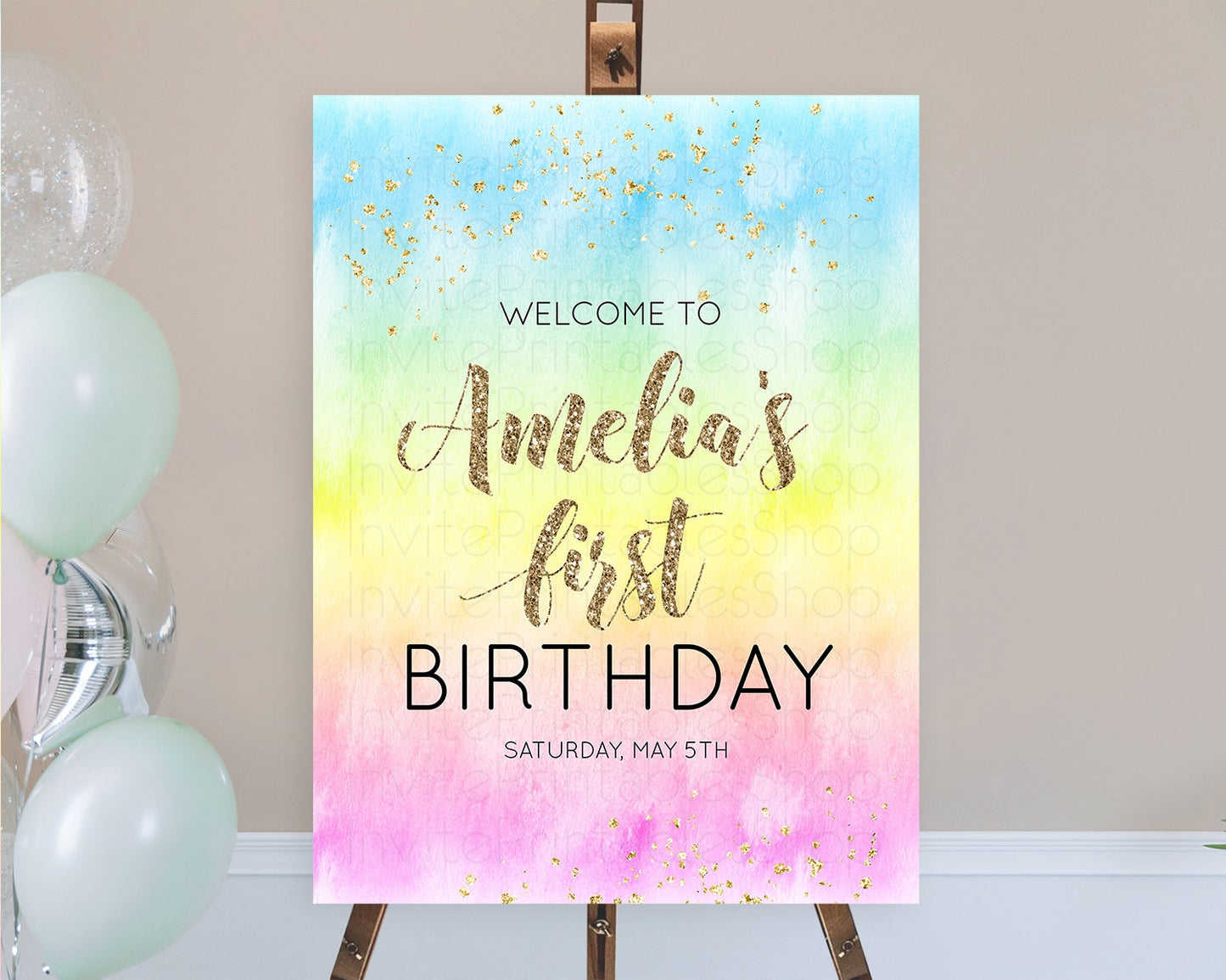 Pastel Welcome Sign Pastel Rainbow Welcome Sign Colorful Rainbow Confetti Watercolor Glitter Pastel First Birthday Welcome Sign D10479