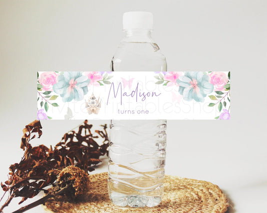 Princess Water Label Template Secret Garden Enchanted Castle Pastel Floral Royal Party Decor For 1st Birthday Baptism Baby Shower D10471