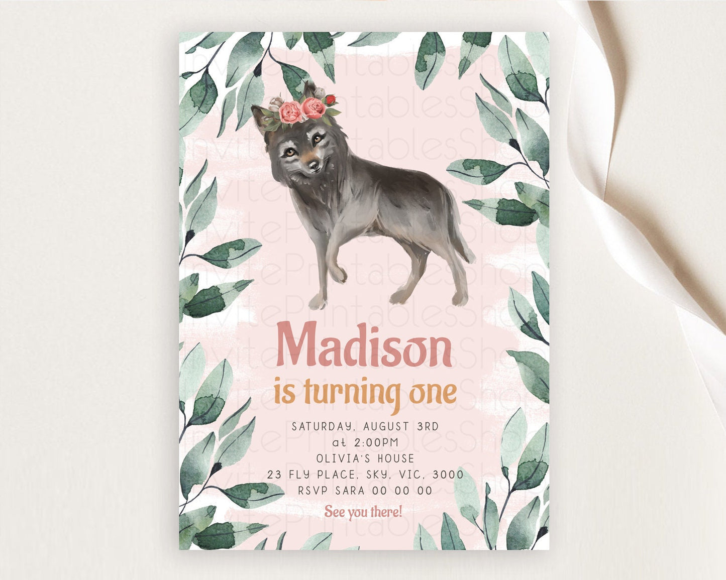 Wolf Birthday Invitation Wolf Invitation Pastel Wolf Birthday Enchanted Forest Woods Wolf Floral Invitation Howling Birthday Party D10535