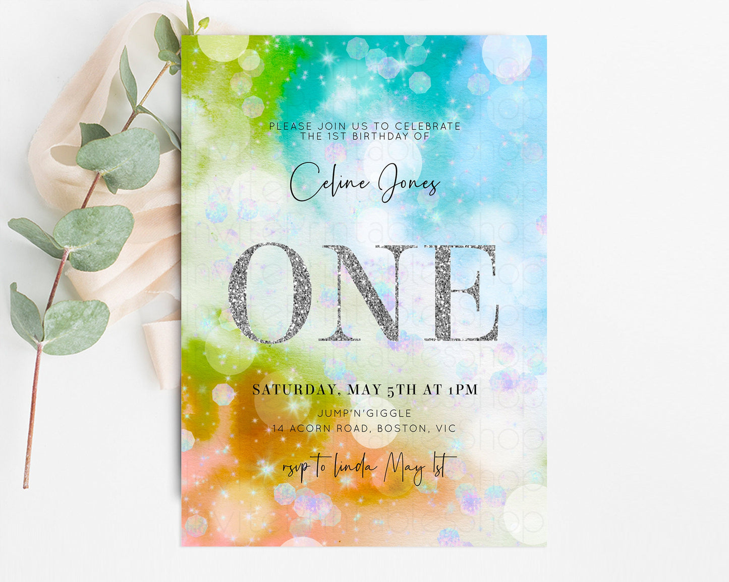 Rainbow Birthday Invitation Pastel Birthday Invite Ombre Watercolor Invite Enchanted Theme Colorful Splash Glitter Sprinkles 1st 2nd 3rd