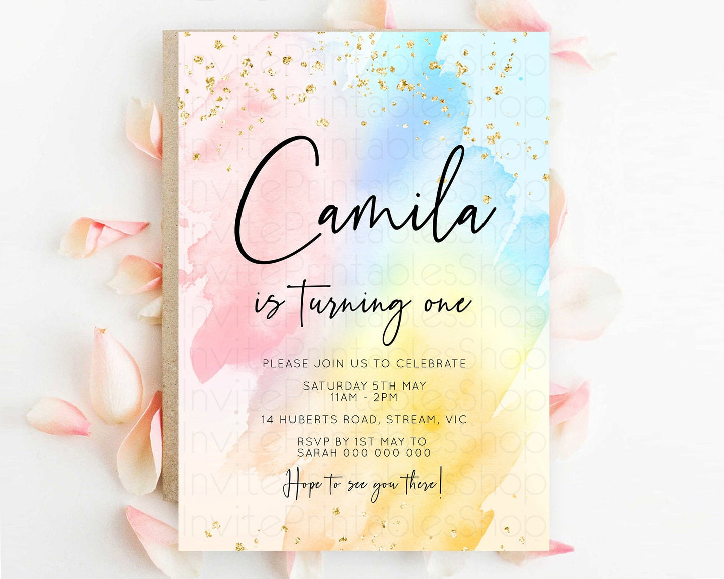 Rainbow Birthday Invitation Colorful Pastel Watercolor Invitation Gold Glitter Sprinkles Ombre Pastel 1st 2nd 3rd Birthday D10557