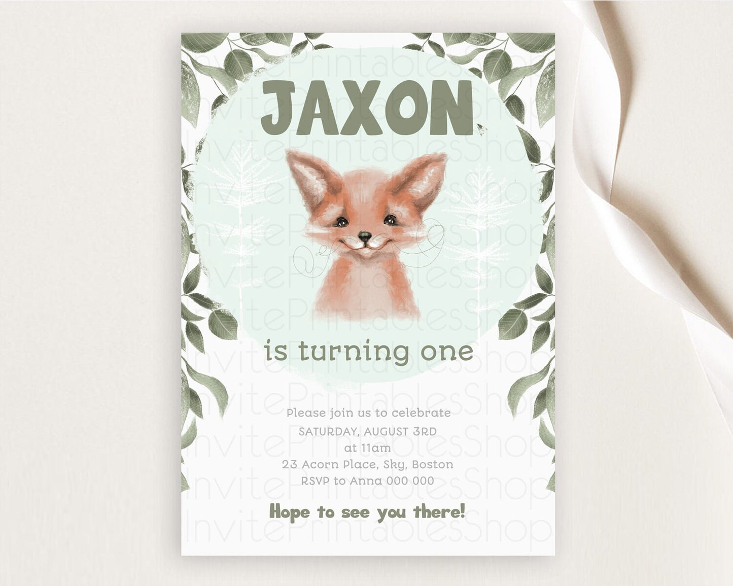 Fox Birthday Invitation Fox Invite Mr. Fox Birthday Green Fox Party Forest Adventure Enchanted Woods Wild One 1st 2nd 3rd Birthday D10124