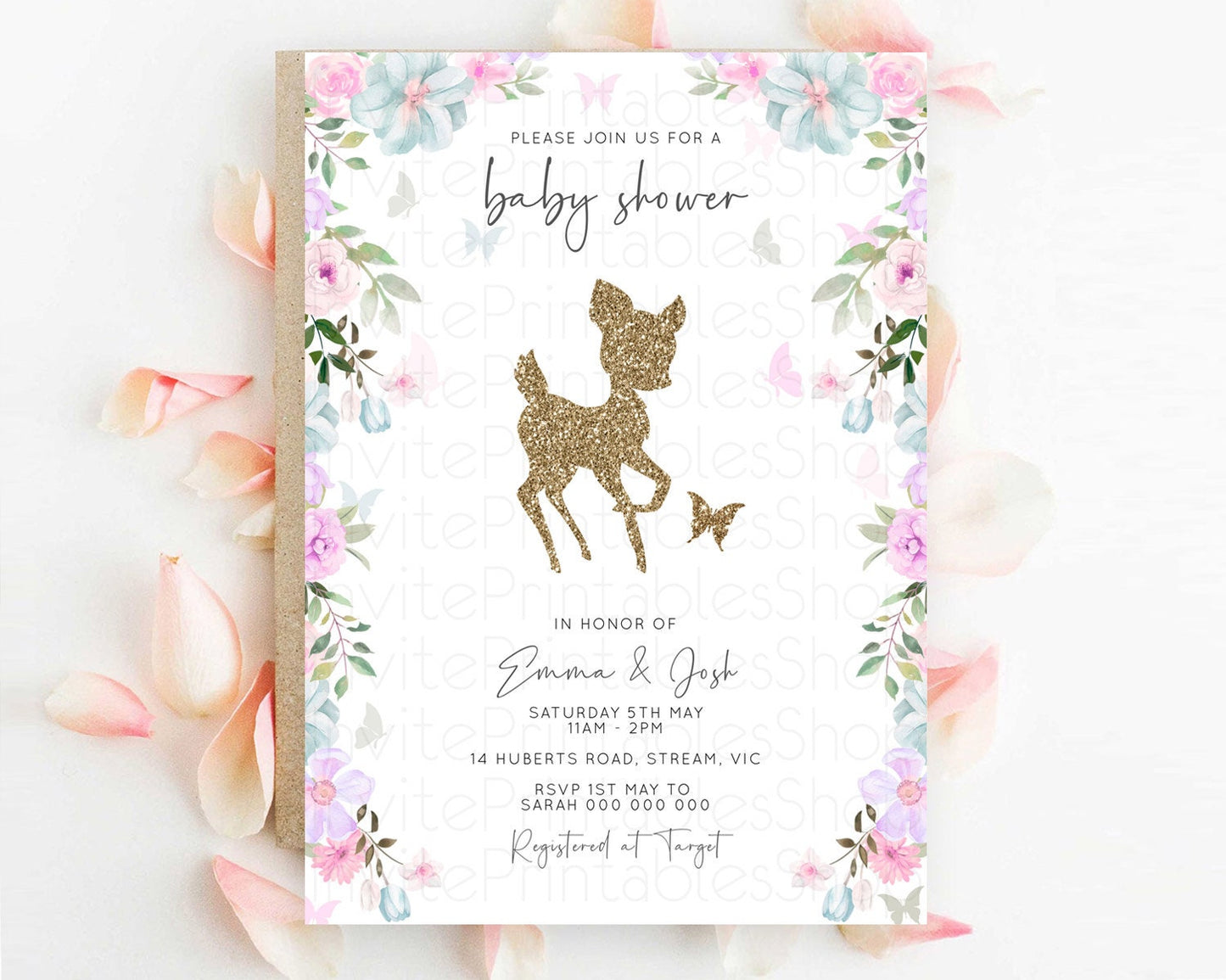 Fawn Baby Shower Invitation Deer Baby Shower Invites Enchanted Forest Theme Butterfly Pastel Flowers Whimsical Baby Shower D10476