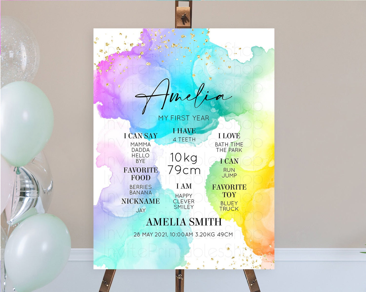 Pastel First Birthday Milestone Board Pastel Rainbow Milestone Poster Colorful Confetti Watercolor Glitter 1st Birthday Welcome Sign D10213