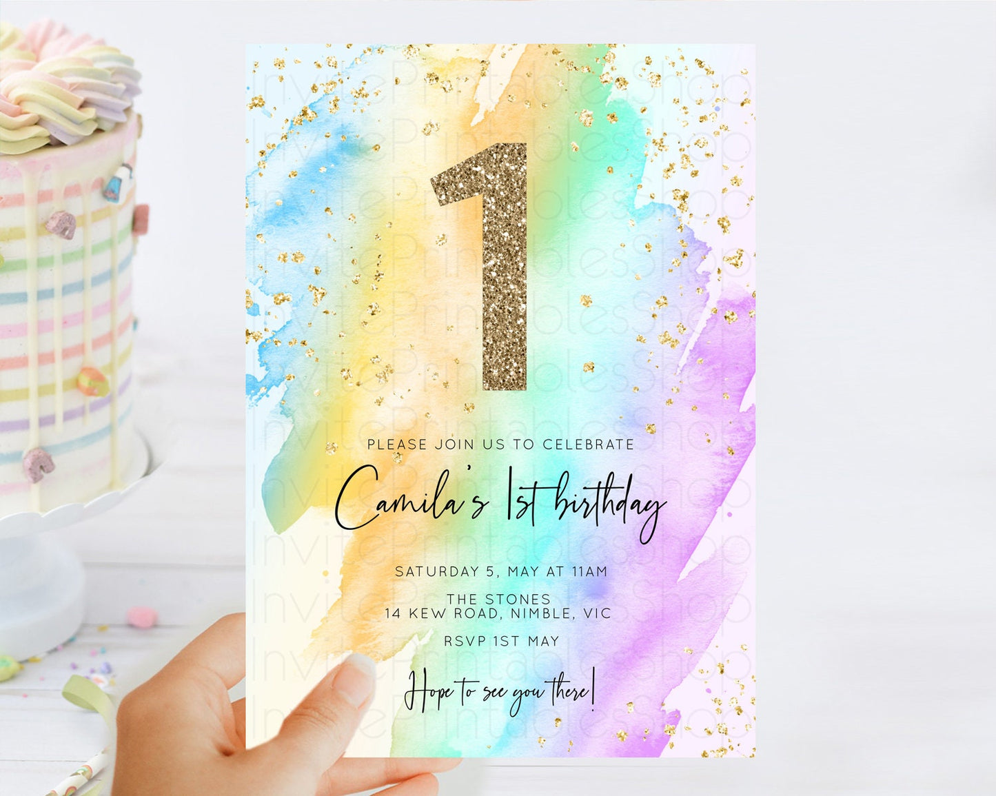 Rainbow Birthday Invitation Colorful Pastel Watercolor Invitation Gold Glitter Sprinkles Ombre Pastel 1st 2nd 3rd Birthday D10425