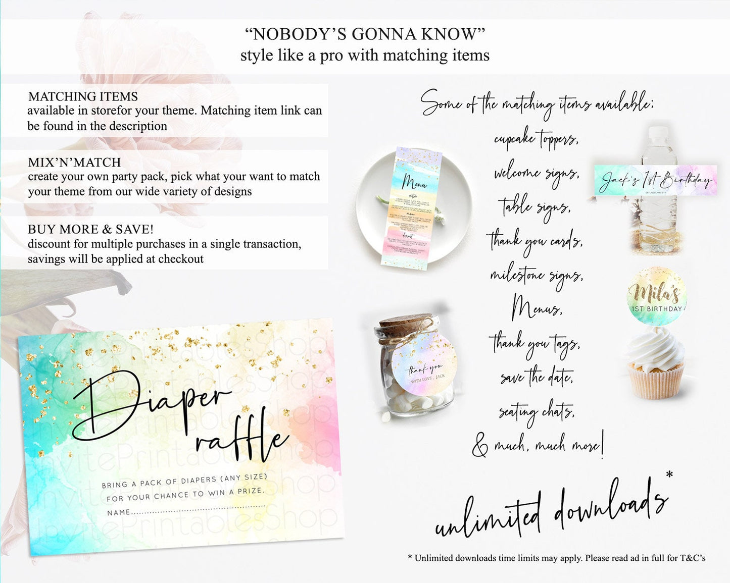 Pastel Diaper Raffle Card Pastel Rainbow Diaper Raffle Insert Colorful Ombre Watercolor Diaper Ticket Confetti Glitter Raffle Game D10151