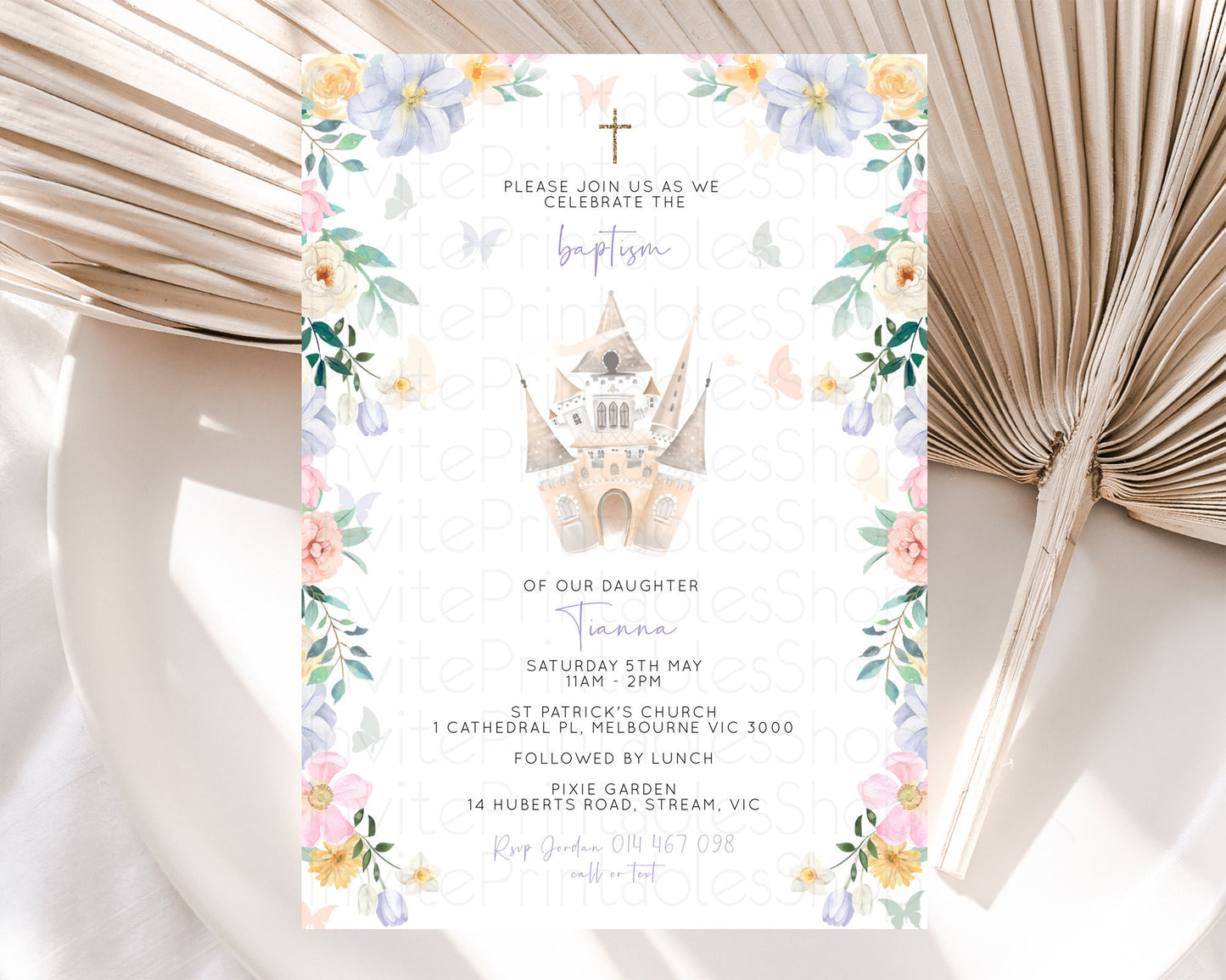 Princess Baptism Invitation Enchanted Castle Baptism 1st Birthday Invitation Royal Party Pastel Floral Secret Garden Christening D10473