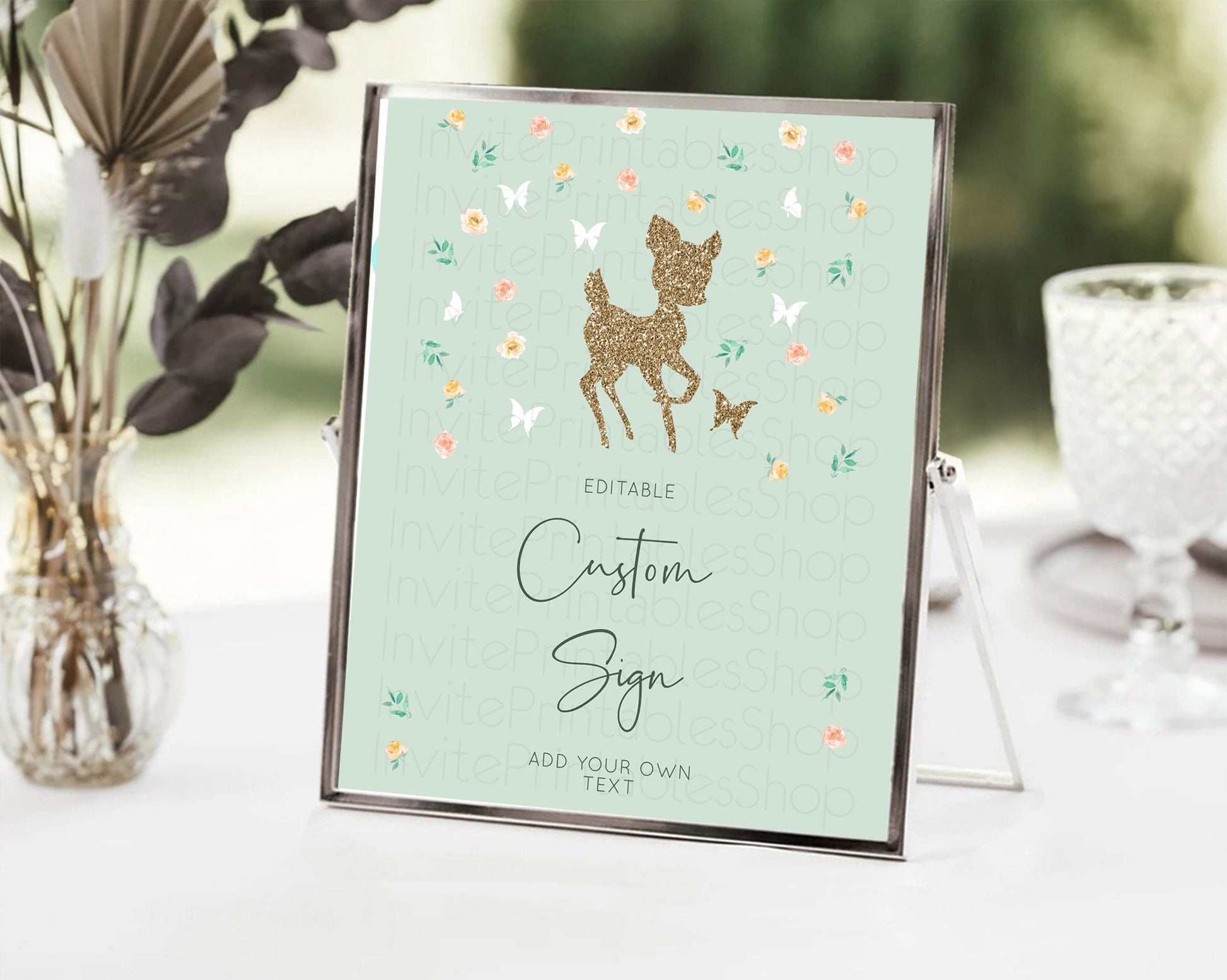 Editable Fawn Deer Sign Pastel Floral Deer Table Sign Decor Enchanted Forest