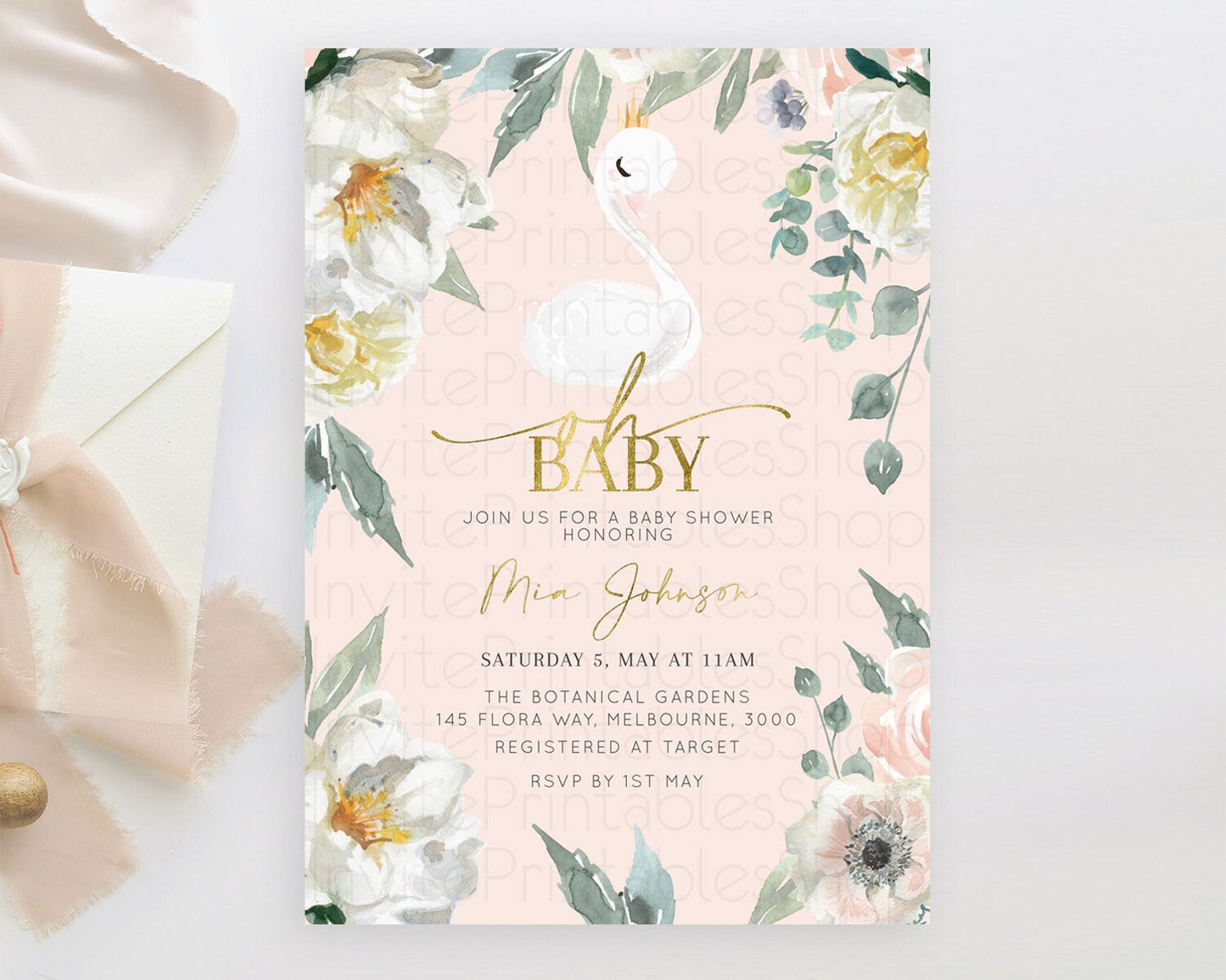 Swan Baby Shower Invitation Swan Princess Ballet Invitation Enchanted Forest Swan Lake Baby Shower Watercolour Pastel Floral D10115