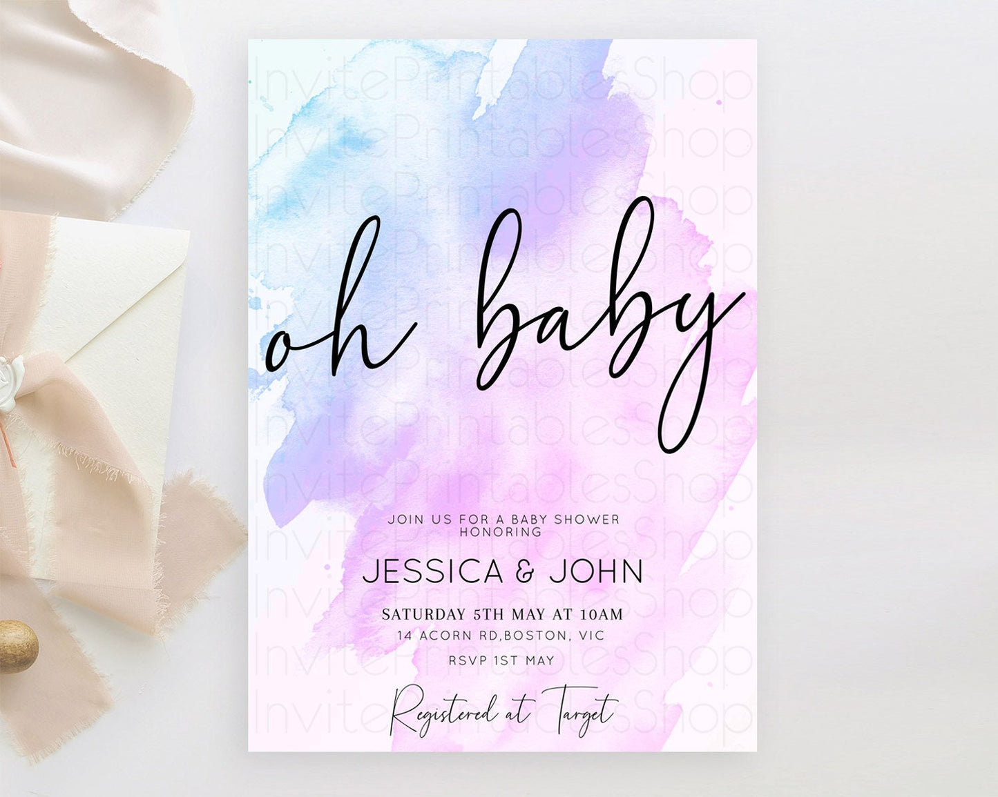 Purple Baby Shower Invitation Purple Watercolor Baby Shower Invitation Pastel Purple Watercolor Invitation Purple Splash Invitation D10169