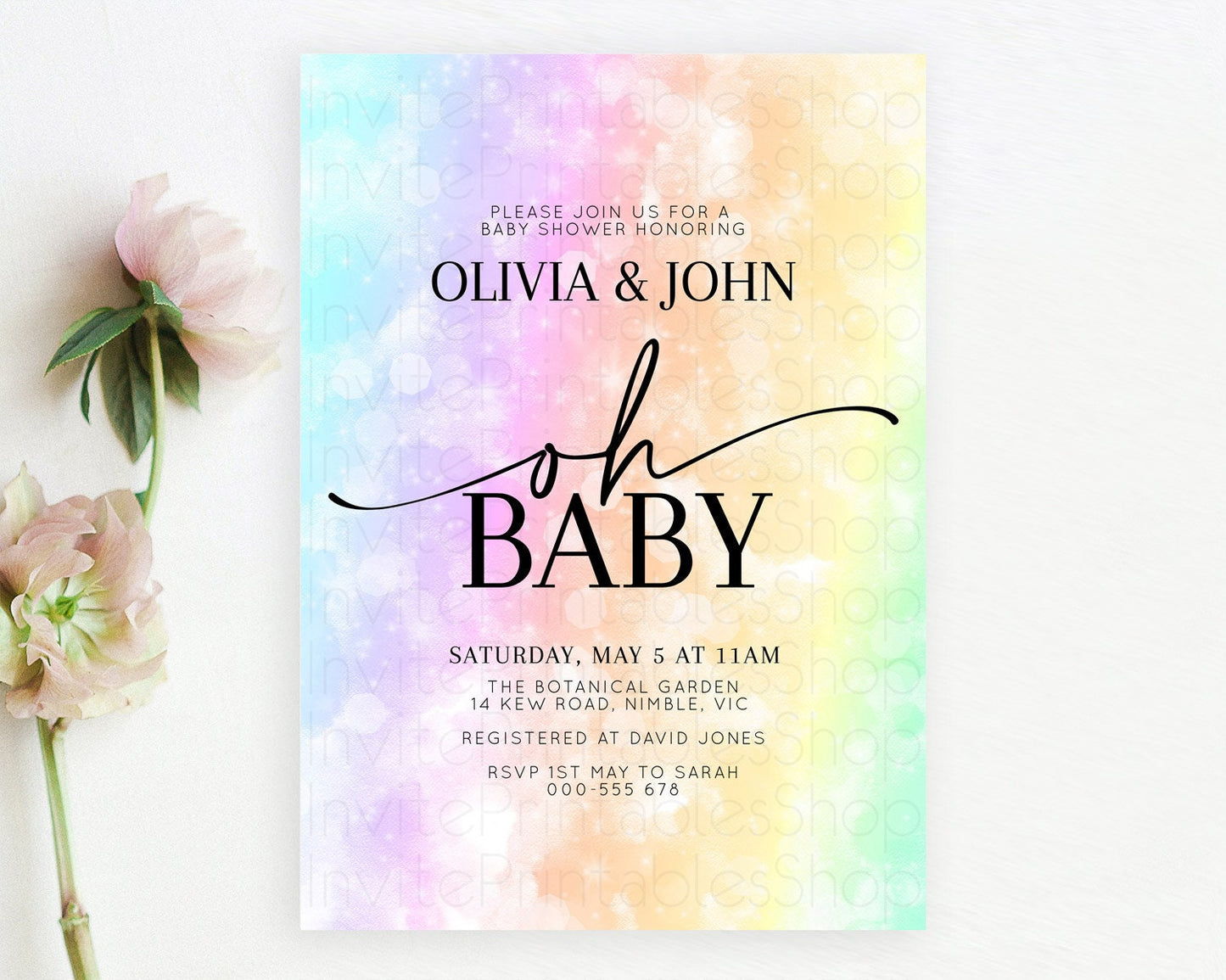 Pastel Baby Shower Invitation Rainbow Baby Shower Invitation Colorful Pastel Watercolor Invitation Gold Glitter Sprinkles Ombre D10647