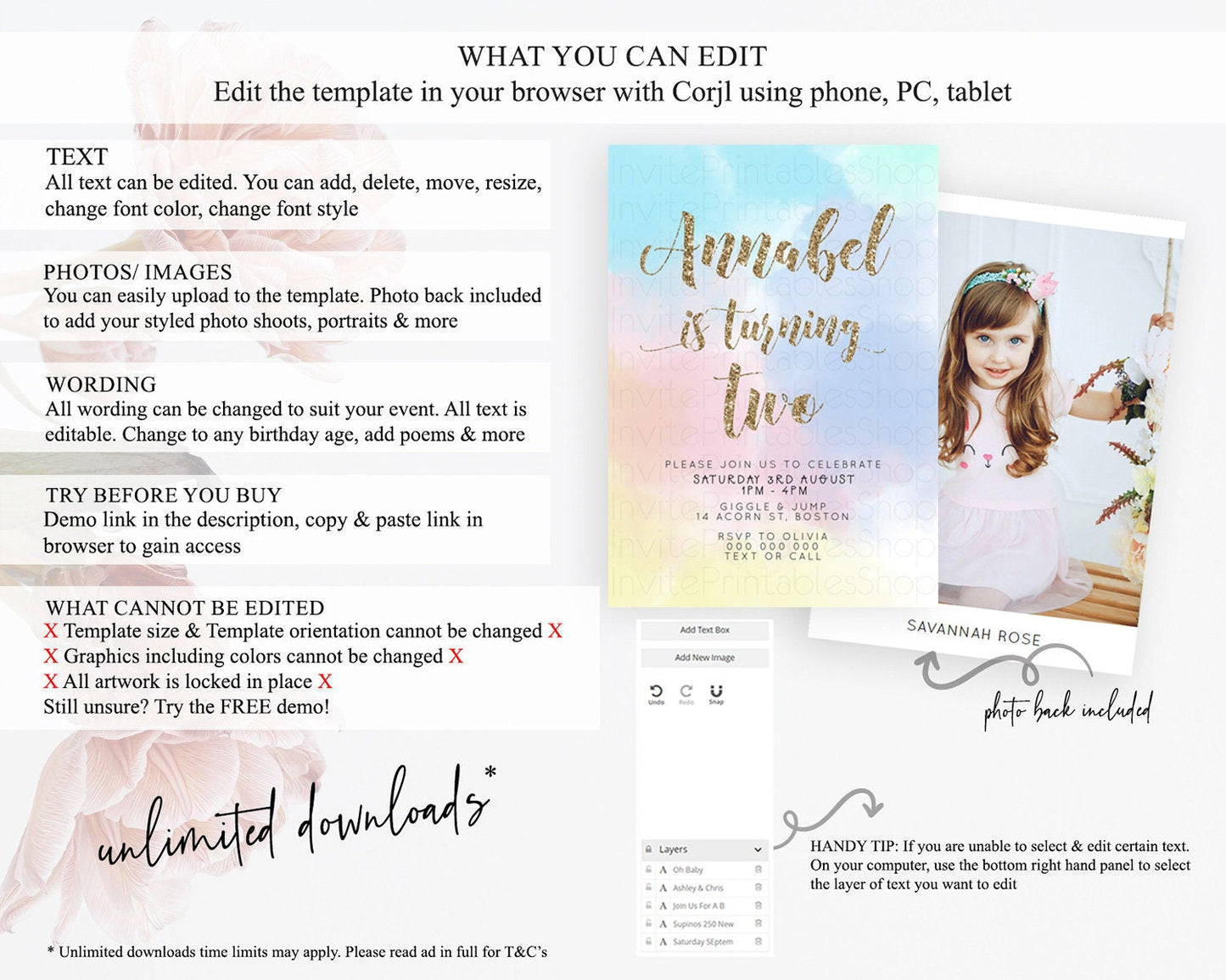 Rainbow Birthday Invitation Colorful Pastel Watercolor Invitation Gold Glitter Sprinkles Ombre Pastel 1st 2nd 3rd Birthday D10378