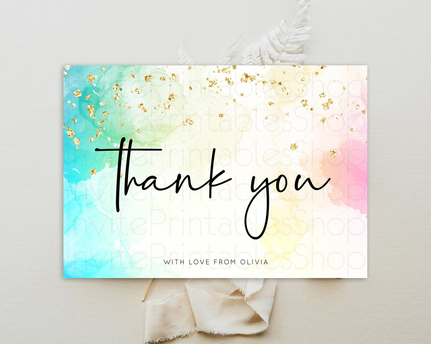Pastel Thank You Rainbow Thank You Card Colorful Pastel Birthday Thank You Card Confetti Watercolor Pastel Teacher Thank You Cards D10151