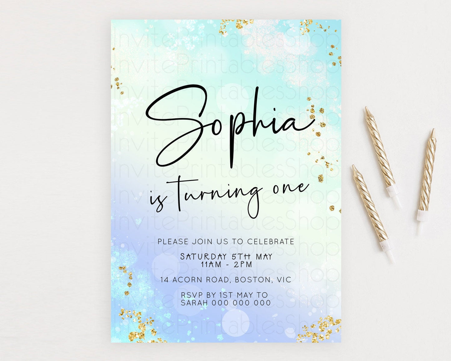 Pastel Birthday Invitation Ombre Watercolor Birthday Invitation Glitter Rainbow Color Splash 1st 2nd 3rd Birthday Invitation D23099